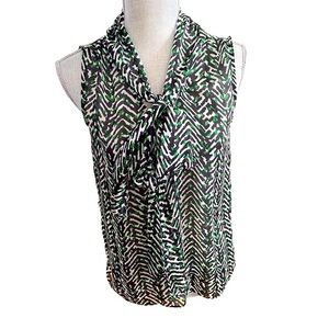 Talbots Sheer Bow Blouse l Size 6 Small Green and Black Sleeveless Blouse 0609